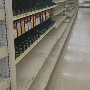 132'L of Madix gondola shelving. Features off-white finish, pegboard backing, 72"H uprights, and 25"/25" double-sided base shelves. Contents and aisle