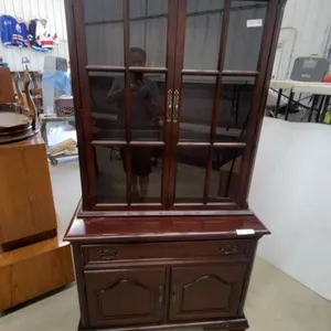 Gibbard Dark Wood China Cabinet with Glass Doors and Brass Handles, 77”×40”×20”
