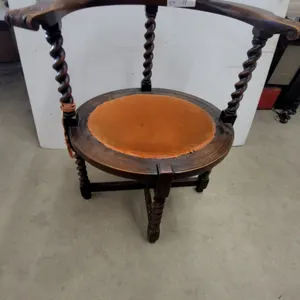 Antique Carved Wood Corner Chair with Orange Upholstered Seat