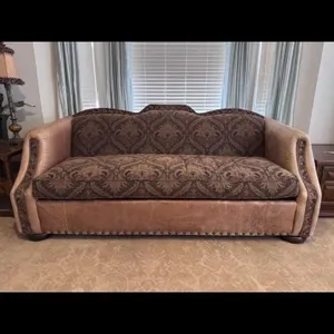 Brown Leather and Brocade Sofa by Key City
