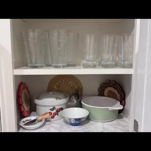Clear Glass Tumblers, Ceramic Dishes, Woven