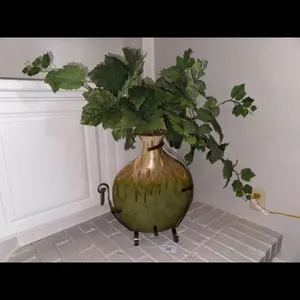 Green Ceramic Vase with Metal Stand, Greenery