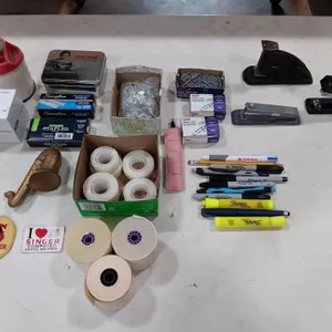 Office Supplies and assortment of knick knacks