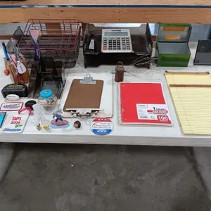 Assorted office Supplies, patches,pins and knick