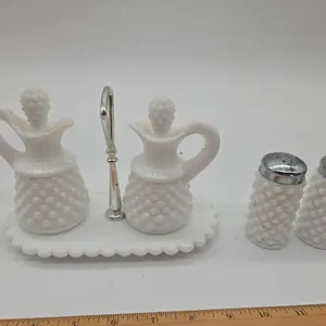 Vintage, Fenton white hobnail milk glass, cruet set with salt and pepper shakers.