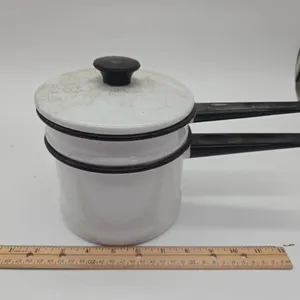 Vintage enamelware white double boiler with lid