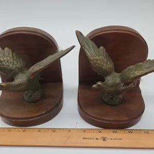 Vintage wood and brass bald eagle book ends