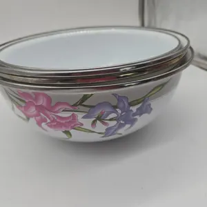 Vintage g m I iris design enamel stack on mixing bowls
