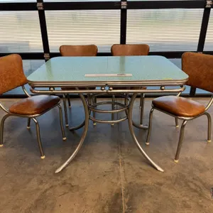 Retro Table & Chairs : Chrome : 4 Chairs : "Cracked Ice - Green Top" Brand : The Jefferson Woodworki