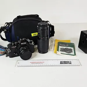 Camera Grouping : - Ricoh KR-5 Camera c/w Telephoto Lens & Case  - Vintage Kodak No. 2 Model C Camer