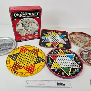 Tin Grouping : Chinese Checkers Boards ; Tin Trays & Vintage Chem Craft Box