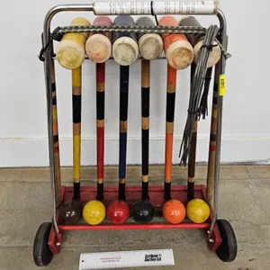 Vintage 6 Player Wooden Croquet Set on Rolling Storage Cart (Measures : 30"H x 24"W x 11"D)