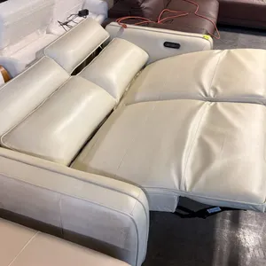 MODERN 3-SEATER POWER RECLINING CREAM LEATHER SOFA, TELESCOPIC HEADRESTS, CONTROL PANELS