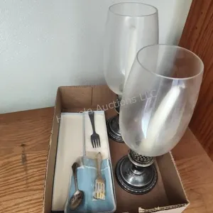 Silver candle holders and 3 utensils