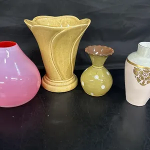 Red glass vase 7" h and other vases