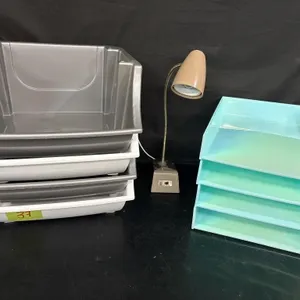 Desk lamp, tested and plastic storage containers