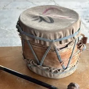 Antique Birch Bark Drum & Brass wood hammer lot