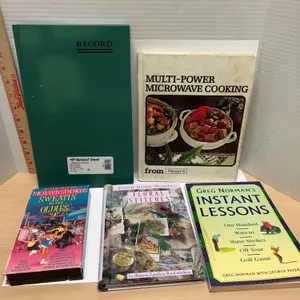 Lot: National Brand Record Book, Multi-Power Microwave Cooking, Golf, Floral Stitches, and Sweatin’