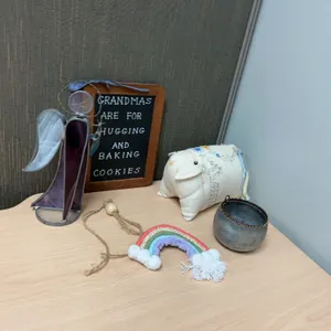 Collection With Stained Glass Angel, Embroidered Pig Pincushion, Metal Wire Bowl, and Keepsakes Disp
