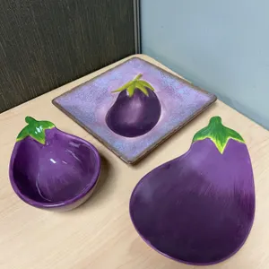 Clay Art Terra Toscana StoneLite Hand Painted Eggplant Vegetable-Themed Dish Set of Three