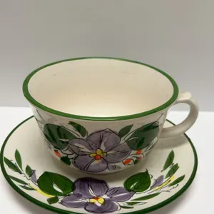Hand-Painted Japanese Cup and Saucer Set With Purple Floral Motif, Marked "Hand Painted Japan" Circa