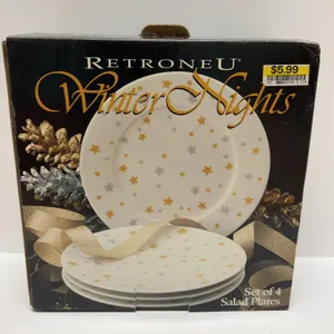 Retroneu Winter Nights 1998 Stoneware Salad Plates, Set of 4, Star Pattern, Microwave Safe, Original