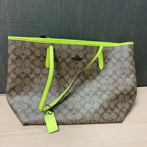 Coach Signature Canvas Tote With Neon Yellow Leather Trim, Style No. E2196-5696, 18-Inch Width, New