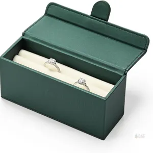 NEW PU Leather Travel Ring Box, 2 Slot Mini Jewelry Organizer for Purse | Green, Velvet Interior, Magnetic Closure, Holds 12+ Rings, Fits in Purse &am