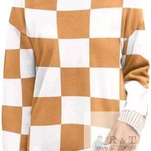 New Size MED Women's PrinStory Long Sleeve Checkered Sweater Loose Knitted Round Neck Side Split Pullover