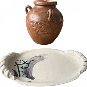 Handmade Brown Stoneware Pot and Oval Ceramic Platter
