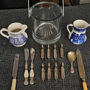 Tableware Lot with Broadhurst Pitchers, Flatware, and Glass Ice Bucket