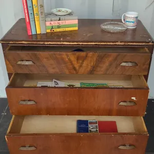 Older Wooden Three-Drawer Dresser With Contents