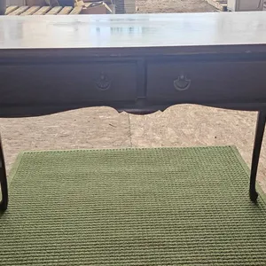 Wood Table with Two Drawers and Green Rug, Table 44x25.5x30 in, Rug 60x45 in