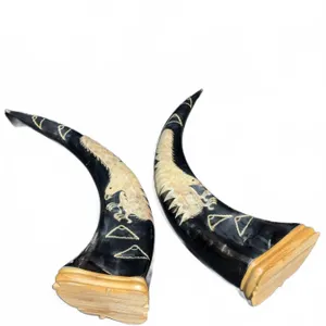 Carved Horns With Eagle Motif, Pair, Wood Bases