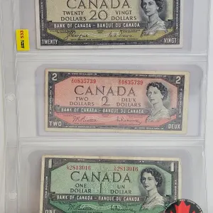 Canada Bills 1954 (3) : Incl $20 Devil's Face  - $20 Bill "DF" Devil's Face : Coyne/Towers #BE167369