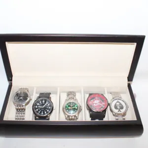 WOOD WATCH CASE WITH LOT OF 5 WATCHES