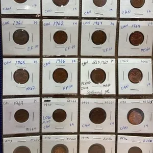 Page of Canada Pennies & 1986 Canada $2 Note.