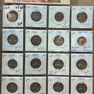 Page of Canada Nickels & 1986 Canada $2 Note.