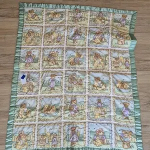 Teddy Bear  Baby Blanket Green Satin