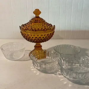 Vintage Amber Glass Compote Dish and Clear Glass Bowls Set