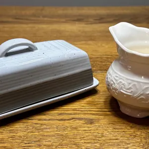 White Decorative Ceramic Creamer and Butter Dish Set with Embossed Details