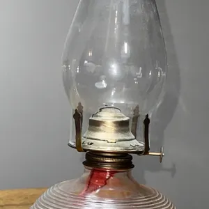 Clear and Red Glass Oil Lamp with Chimney, 20th Century