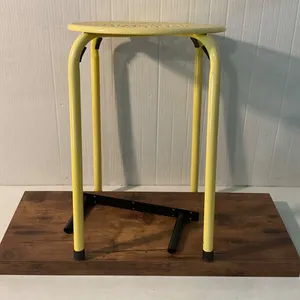 Metal Stool with Yellow Perforated Seat and Wooden Base Top, Mid-to-Late 20th Century