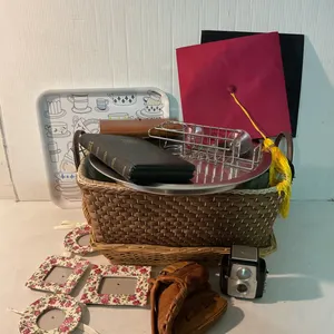 Lot: Woven Baskets, Camera, Bible, Caps, Baseball Glove, and Frames