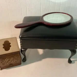 Vintage Black Vinyl Upholstered Footstool With Storage and Brass Accents