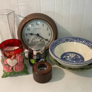 Decorative and Functional Items Including Bowls, Clock, and Vase