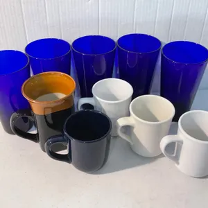 Set of Coffee Mugs and Cobalt Blue Glass Cups