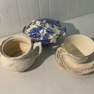 Ceramics Set: Blue Lidded Dish, Cream Sugar Bowl, and Gilded Teacup Set