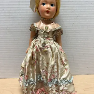 Mid-20th Century Blonde Hard Plastic Doll With Floral Colonial Gown, Pearl Accents, And Lace Trim, 1