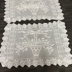 White Crochet Lace table covers With Floral Basket Design, Ruffled Edge, 36" x 24" Approximate Size